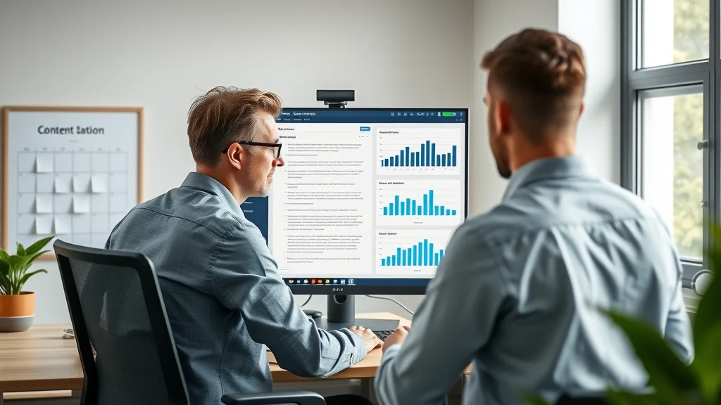 Editor updating digital content and trend graphs on a monitor to stay visible in AI search results.