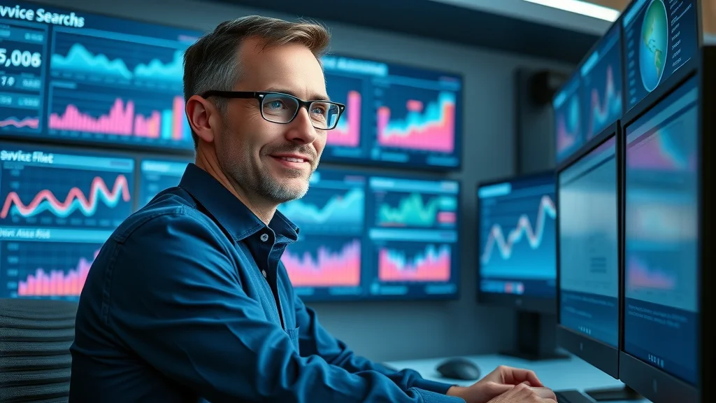 Digital marketer reviewing KPIs, analytics dashboard showing voice search and featured snippet share