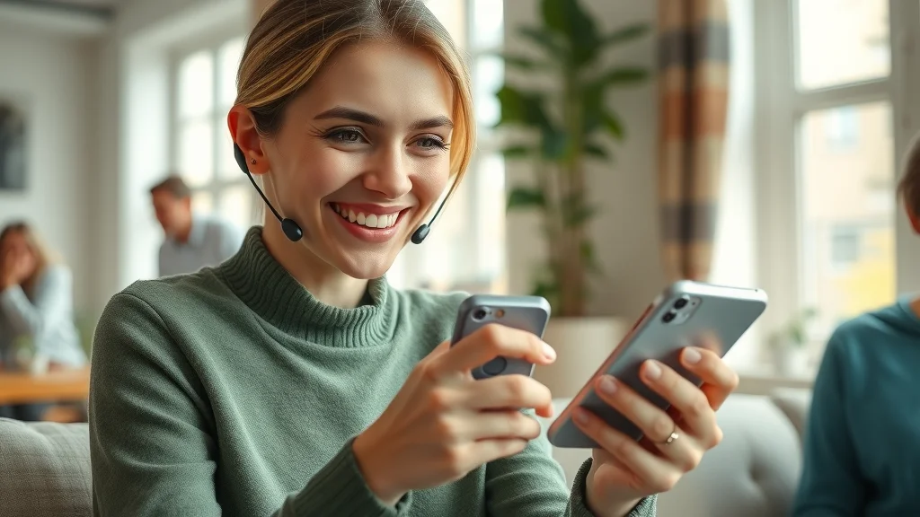 Satisfied customer using AI-powered help desk live chat on a mobile device, experiencing fast resolution