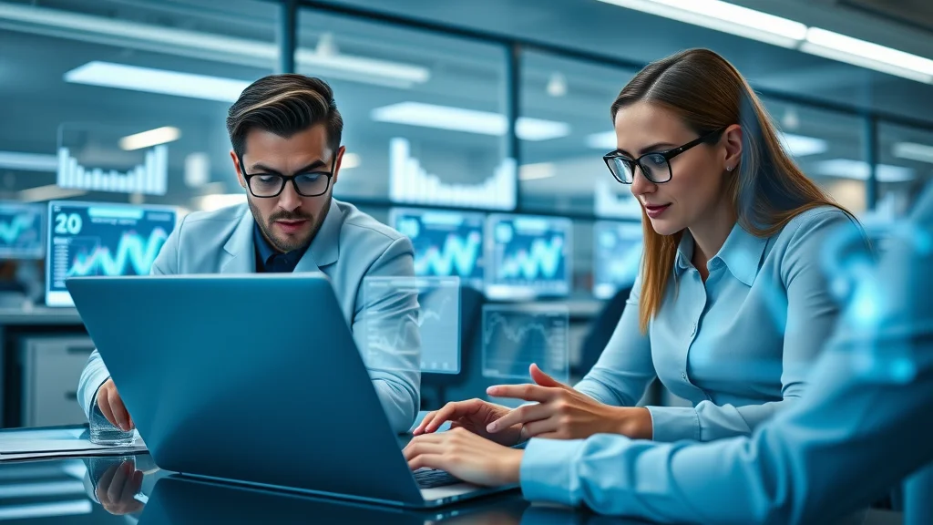 Digital marketing team focused on answer engine optimisation and AI search analytics in a modern office setting, reviewing graphs and AI algorithms — answer engine optimisation in action.