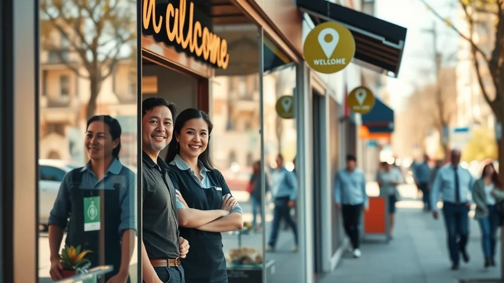 Local business storefront optimized for voice search with digital map overlays, cheerful staff engaging with customers