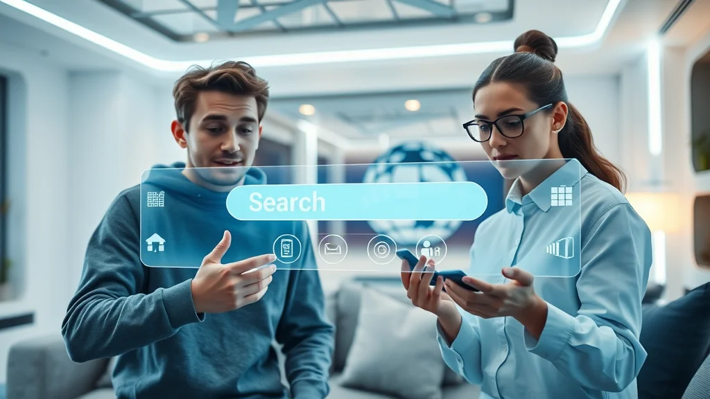 Futuristic answer engine interface with users interacting with AI-powered search — answer engine optimisation era.