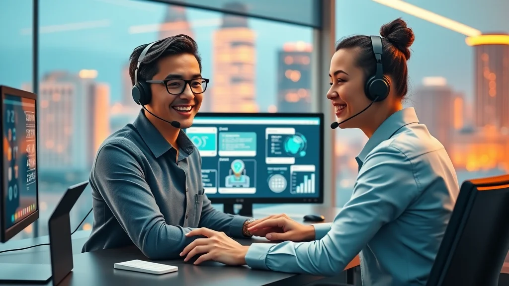 Support agent working with AI copilot on a dual monitor setup, illustratively empowered by AI help desk technology