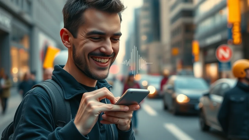 Smartphone user performing voice search in a city, AI speech waveform, voice search optimization in action