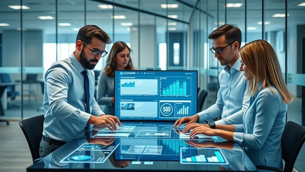 Digital marketing team optimizing content for AI powered search engines using interactive analytics dashboards in a modern, high-tech office.