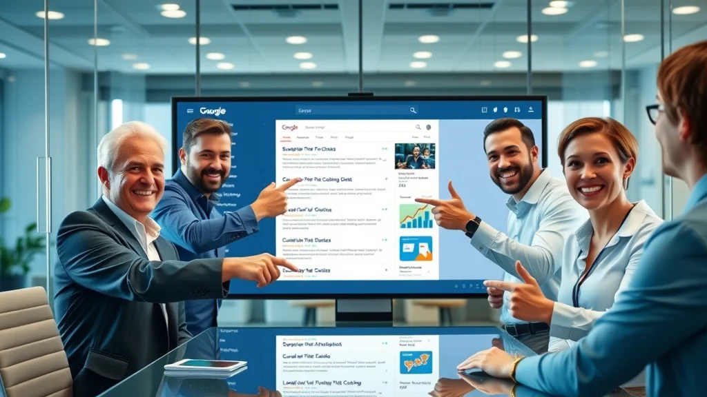 Business professionals analysing featured snippet results and AI search engine rankings for voice optimization