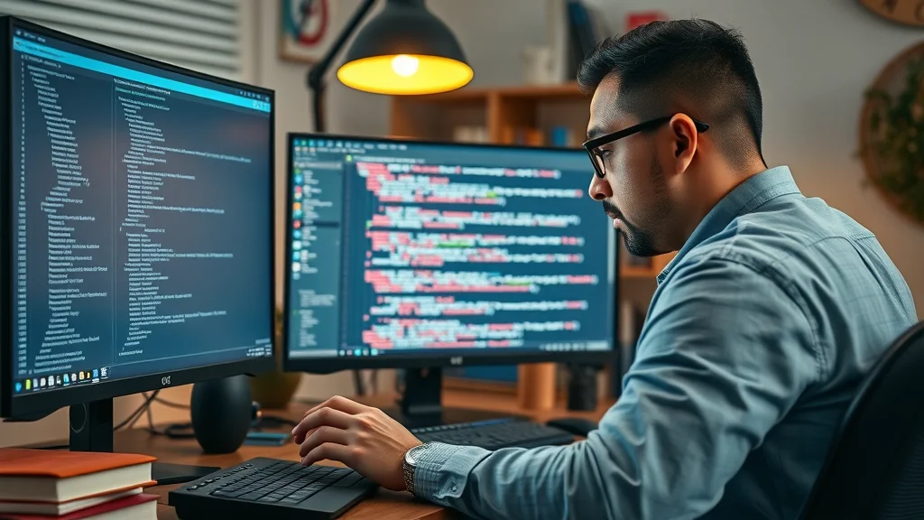 Web developer integrating schema markup and structured data for AI search engine optimization on multiple monitors.
