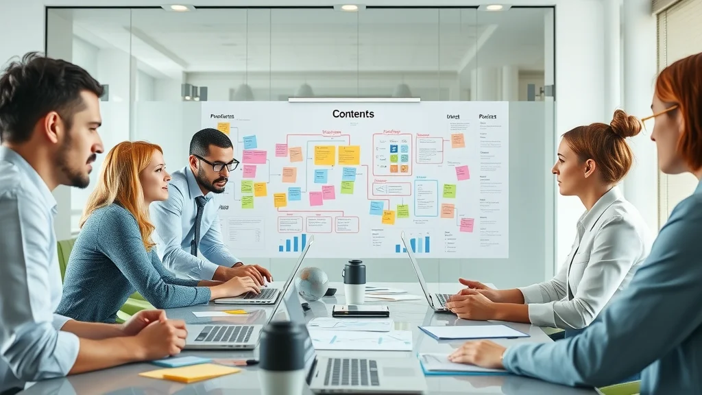 Content strategists collaborating on website structure with mind maps and semantic diagrams to optimize for AI search engines.