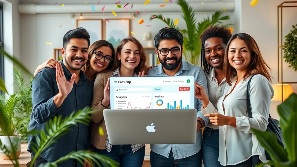 Diverse business owners celebrating after increasing online visibility through schema markup and structured data for AI search