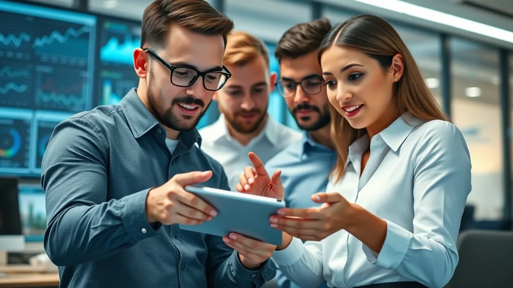 Business team optimizing website for voice search and conversational AI in a modern workspace, data dashboards in background