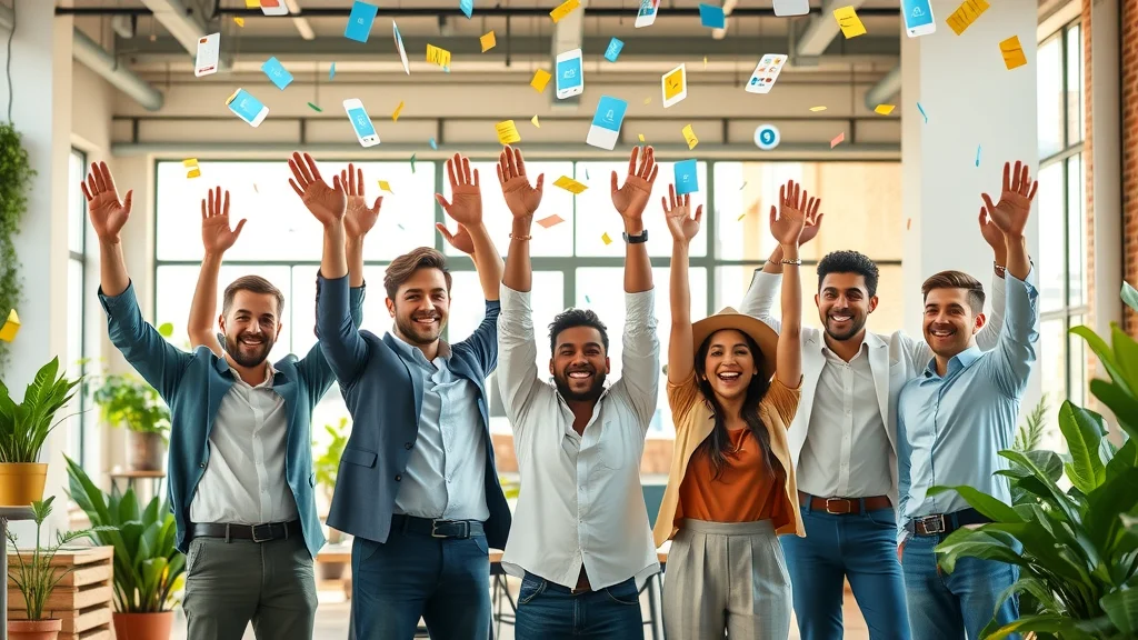 small business owners celebrating with enterprise app icons and business software