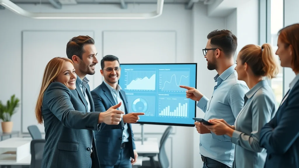 Modern business team focused on schema markup and structured data for AI search, working together with digital diagrams in a sleek office