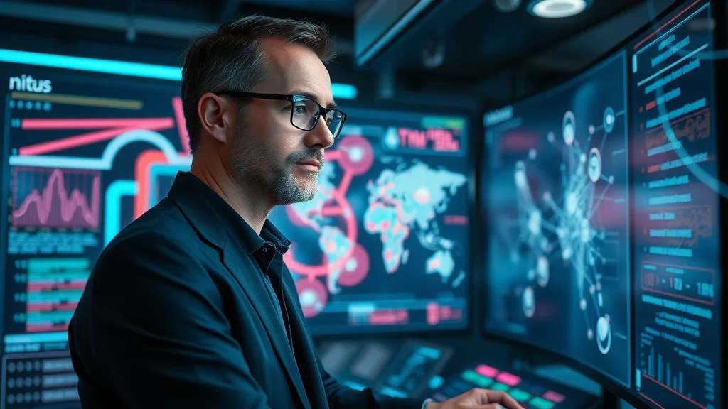Business analyst reviewing neural network AI search algorithm visualization in a futuristic, data-driven environment.