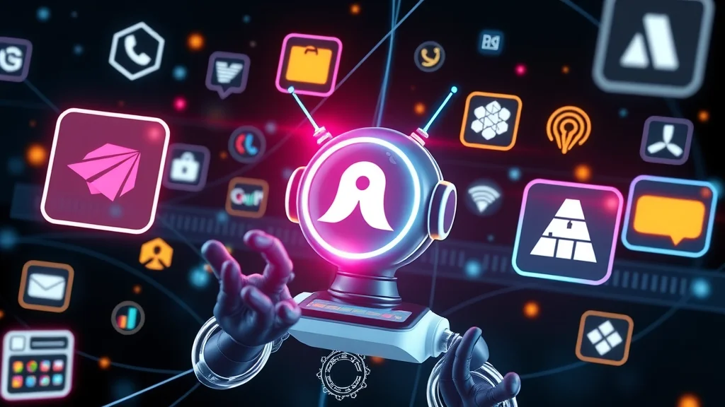 Brand icons and AI assistants interacting in a digital space, illustrating brand visibility in answer engine optimisation.