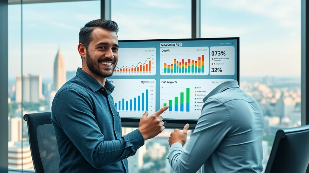 Marketer comparing ROI of organic AI search optimization versus paid advertising on an advanced dashboard.