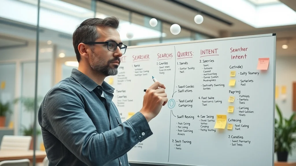 Marketing specialist mapping AI searcher intent on an interactive whiteboard for search engine optimization