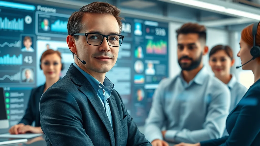 Modern corporate support center with diverse agents and AI interface on large screens, illustrating an AI customer support help desk solution in action