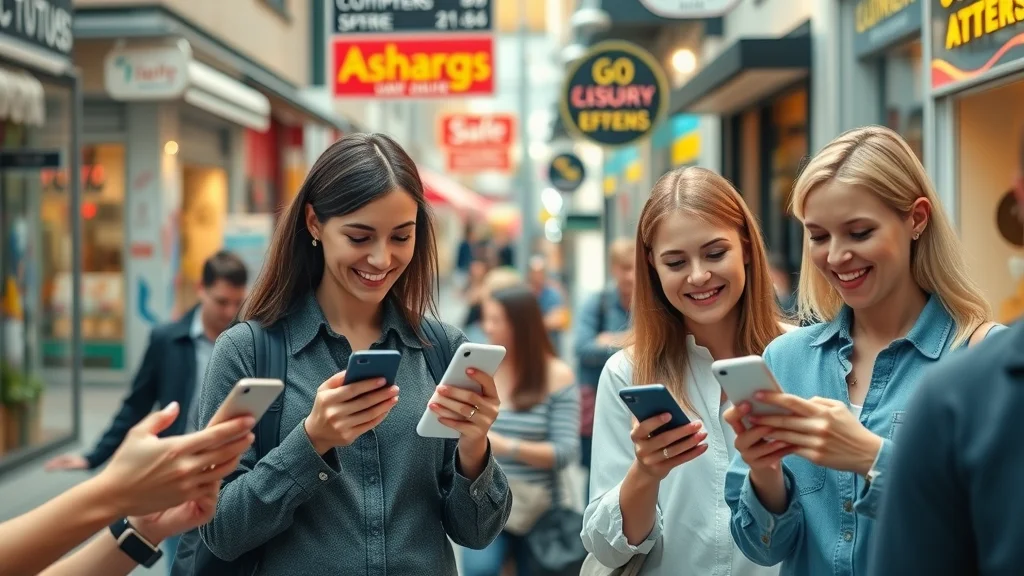 Vibrant cityscape with diverse business storefronts and visible customer star ratings and review app icons, illustrating the importance of publishing business reviews to social media service